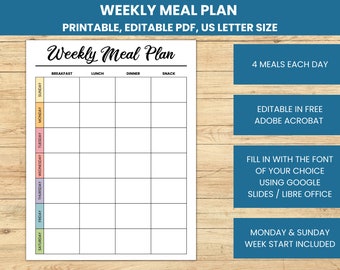 Weekly Meal Planner Printable: Editable PDF Template (Instant Download)