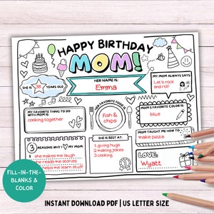 Afdrukbare moeder verjaardagskaart, gelukkige verjaardag moeder, moeder kleurplaat, afdrukbare mama aandenken, vul de blanco kaart in, DIY cadeau moeder, pdf