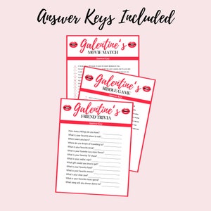 May include: Three printable Galentine's Day game cards with pink lips and the text "Galentine's" in white. The cards are for a movie match, riddle game, and friend trivia. The answer keys are included.