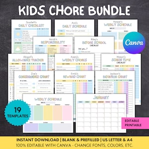 Editable Kids Chore Chart Bundle, Allowance, Screen Time, Behavior, Consequence, Reward Charts, School Routine, Daily Weekly Checklist Canva