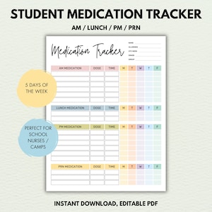 May include: A printable student medication tracker with a colourful design. The tracker includes sections for AM, Lunch, PM, and PRN medication, with columns for dose, time, and days of the week. The tracker also includes a section for student information, such as name, allergies, and grade.