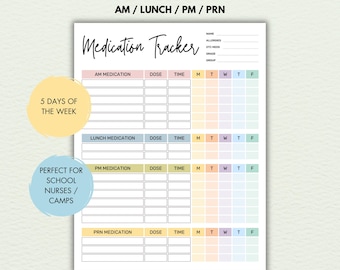 May include: A printable student medication tracker with a colorful design. The tracker includes sections for AM, Lunch, PM, and PRN medication, with columns for dose, time, and days of the week. The tracker also includes a section for student information, such as name, allergies, and grade.