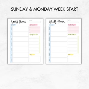 Op de afbeelding: Twee afdrukbare wekelijkse plannerpagina's met een lichtblauw, roze en geel kleurenschema. De pagina's zijn ontworpen voor een weekstart op zondag en maandag. Elke pagina heeft een planningsectie, een sectie voor topprioriteiten, een sectie voor een wekelijkse takenlijst en een sectie voor notities.