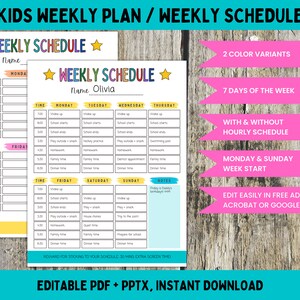 Editable Weekly Schedule for Kids, Printable Homeschool Weekly Schedule, Weekly Planner To Do List, Kids Week School Schedule, Digital PDF