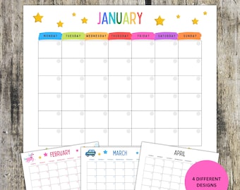 Blank Kids Printable Calendar, Kids Monthly Calendar, Kids Monthly Planner, Editable Undated Calendar, Cute Calendars, Calendar Template PDF