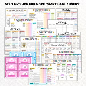 Pu&ograve; includere: Una collezione di grafici e pianificatori stampabili per bambini e famiglie. I grafici includono un tracker del comportamento, un tracker delle paghette, un grafico delle faccende domestiche, un tracker del tempo sullo schermo, un programma di pulizia e un programma settimanale. I grafici sono colorati e presentano una variet&agrave; di temi, tra cui fiori, stelle e arcobaleni.