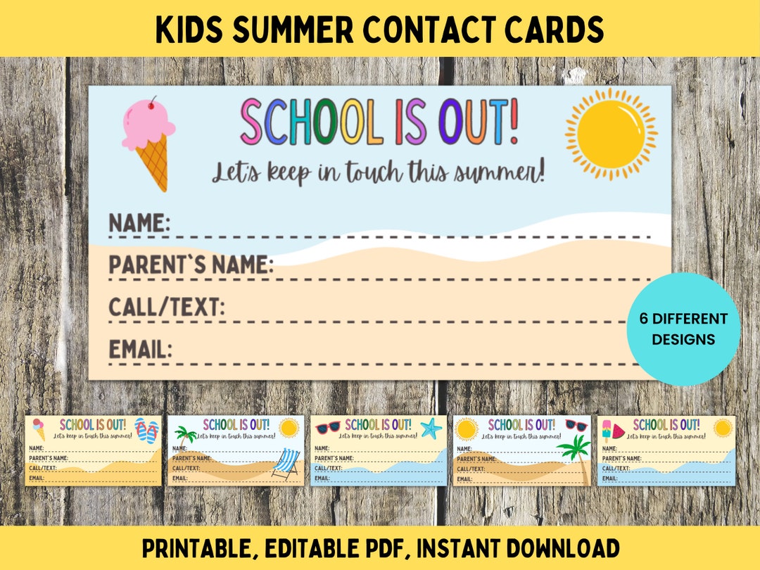 Printable Summer Contact Card for Kids Play Date Calling - Etsy