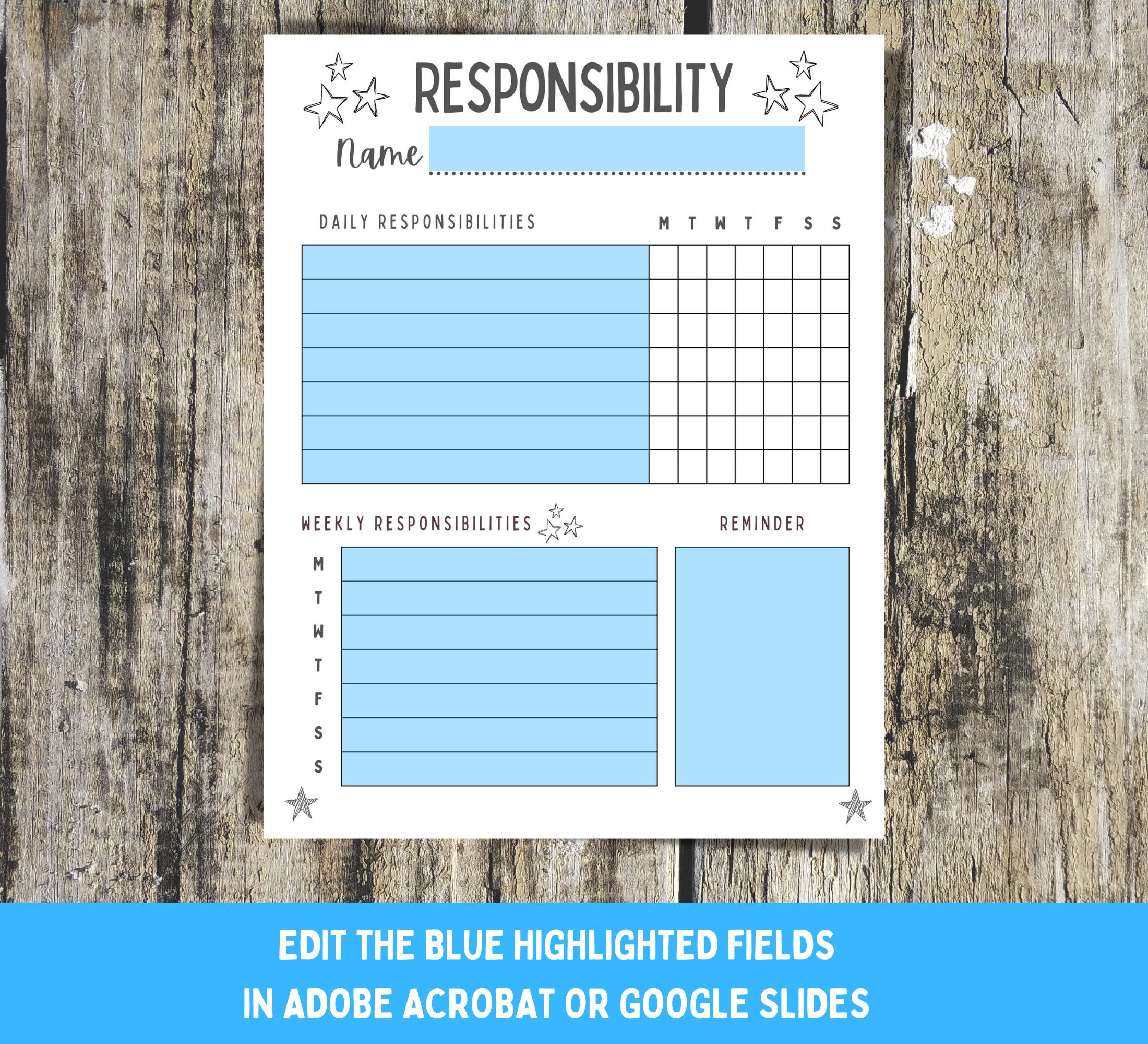 Printable Kids Chore Chart: Editable Responsibility Chart (digital PDF ...