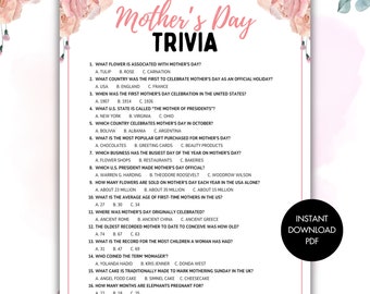 Mother's Day Trivia Quiz, Mothers Day Games, Mothers Day Party Game, Trivia Game, Printable Games for Mom, Instant Download PDF