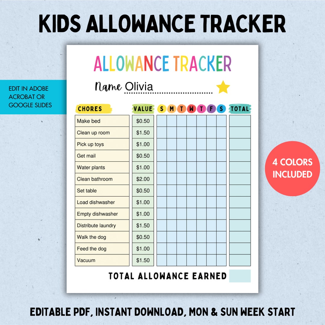 Editable Kids Allowance Chore Chart: Money Reward Tracker (PDF) - Etsy