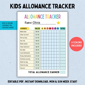 Editable Allowance Tracker Kids, Earn Money Chart, Daily Weekly Allowance Chore Chart for Kids, Allowance Chart, Money Reward Chart, PDF