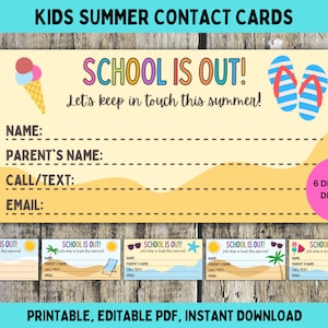 Printable Summer Contact Card for Kids, Play Date Calling Card, Business Card, Kids Contact Cards, Editable End of School Cards for Kids PDF