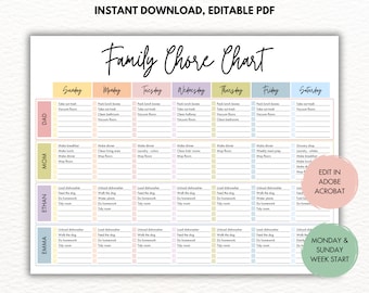 Editable Family Chore Chart: Weekly Planner (PDF)