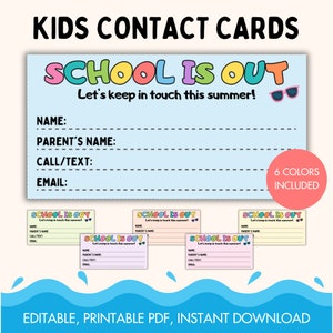 Druckbare Sommer Kontaktkarte, bearbeitbar, Schulende Karten für Kinder, Spiel Datum Visitenkarte, Visitenkarte, Kinder Sommer Kontaktkarte, PDF