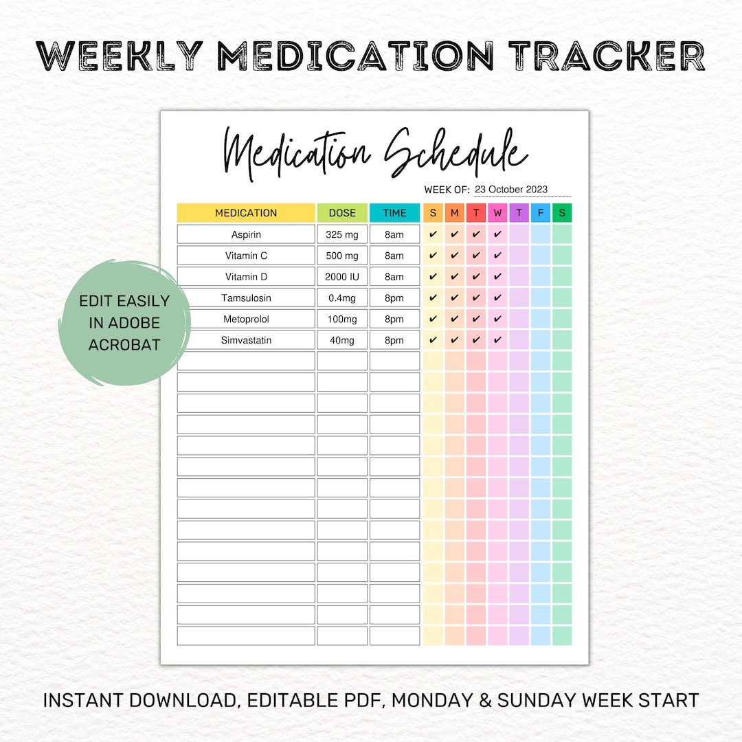 Weekly Medication Tracker: Printable Medicine & Supplement Log ...