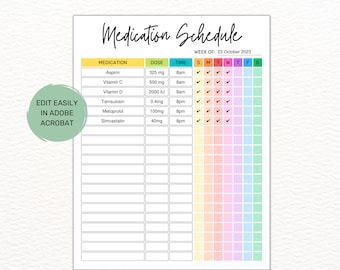 Weekly Medication Tracker: Printable Medicine & Supplement Log (Editable PDF)