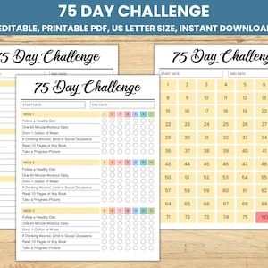 Printable 75 Day Challenge Tracker, Editable 75 Soft Tracker, Daily Habit Tracker, Fitness, Weight Loss, Digital Tracker, PDF