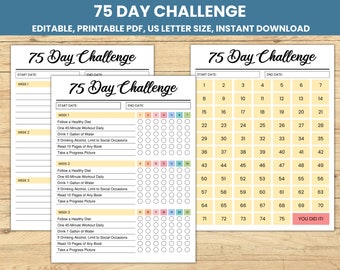 Printable 75 Day Challenge Tracker: Editable Habit & Fitness (PDF)
