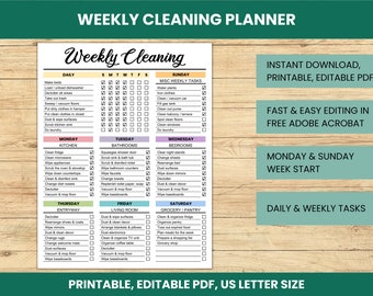 Editable Weekly Cleaning Checklist, Printable Cleaning Schedule Template, Customizable Weekly Cleaning List, Cleaning Planner, Digital PDF