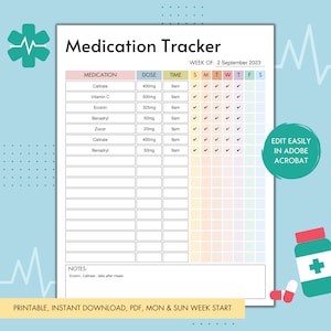 Printable Medication Tracker, Editable Medication Log, Medicine Intake Tracker, Supplement Tracker, Medication Tracker, Instant Download PDF
