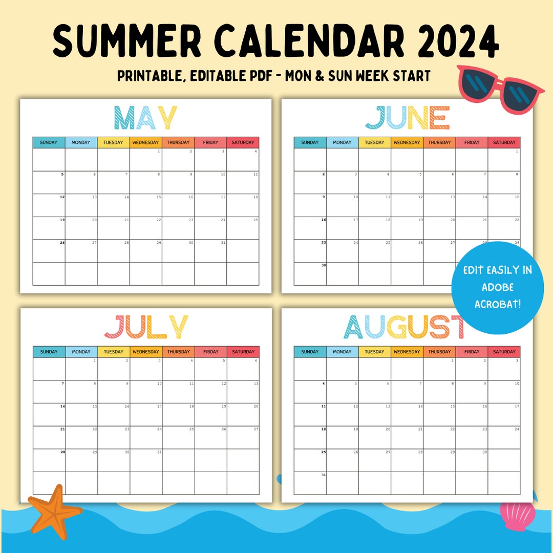 Printable Summer Calendar, Editable 2024 Calendar, May, June, July ...