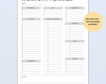 Printable Work Day Planner: Editable Daily Organizer (PDF)