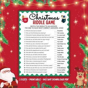 Puede incluir: Un juego de adivinanzas navideñas imprimible con un diseño festivo. El juego presenta una lista de acertijos y respuestas, con ilustraciones temáticas navideñas. El texto dice "Christmas Riddle Game" y "2 Sizes - Printable - Instant Download PDF".
