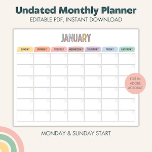 Editable Undated Monthly Calendar: Pastel Colors (PDF)