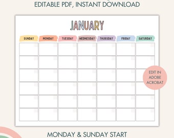 May include: Undated monthly planner with a colorful January calendar. The calendar has a pastel color scheme and is designed to be edited in Adobe Acrobat. The text "MONDAY & SUNDAY START" is at the bottom of the calendar.