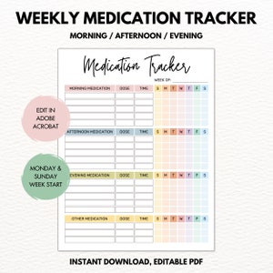 Printable Medication Schedule, Weekly Medication Tracker, Morning Afternoon Evening, Supplement Log, Boho Medication List, Editable PDF