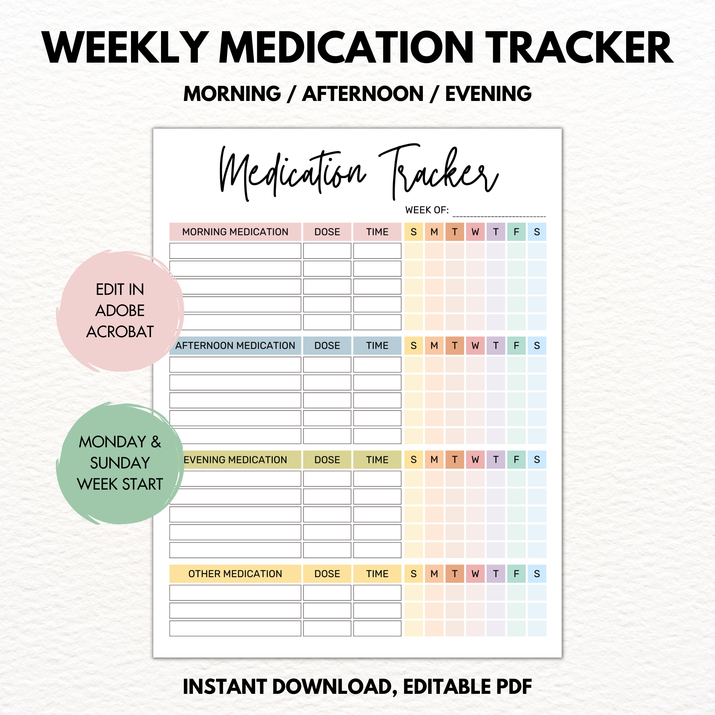 Printable Medication Schedule, Weekly Medication Tracker, Morning