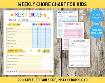Editable Kids Chore Chart: Weekly Chores, Reward Tracker (Digital PDF)