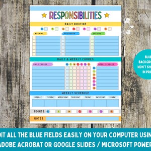 Pu&ograve; includere: Un grafico di compiti stampabile con un design colorato. Il grafico include sezioni per la routine quotidiana, i compiti quotidiani e settimanali e un programma settimanale. Il testo "RESPONSIBILITIES" &egrave; in cima al grafico.