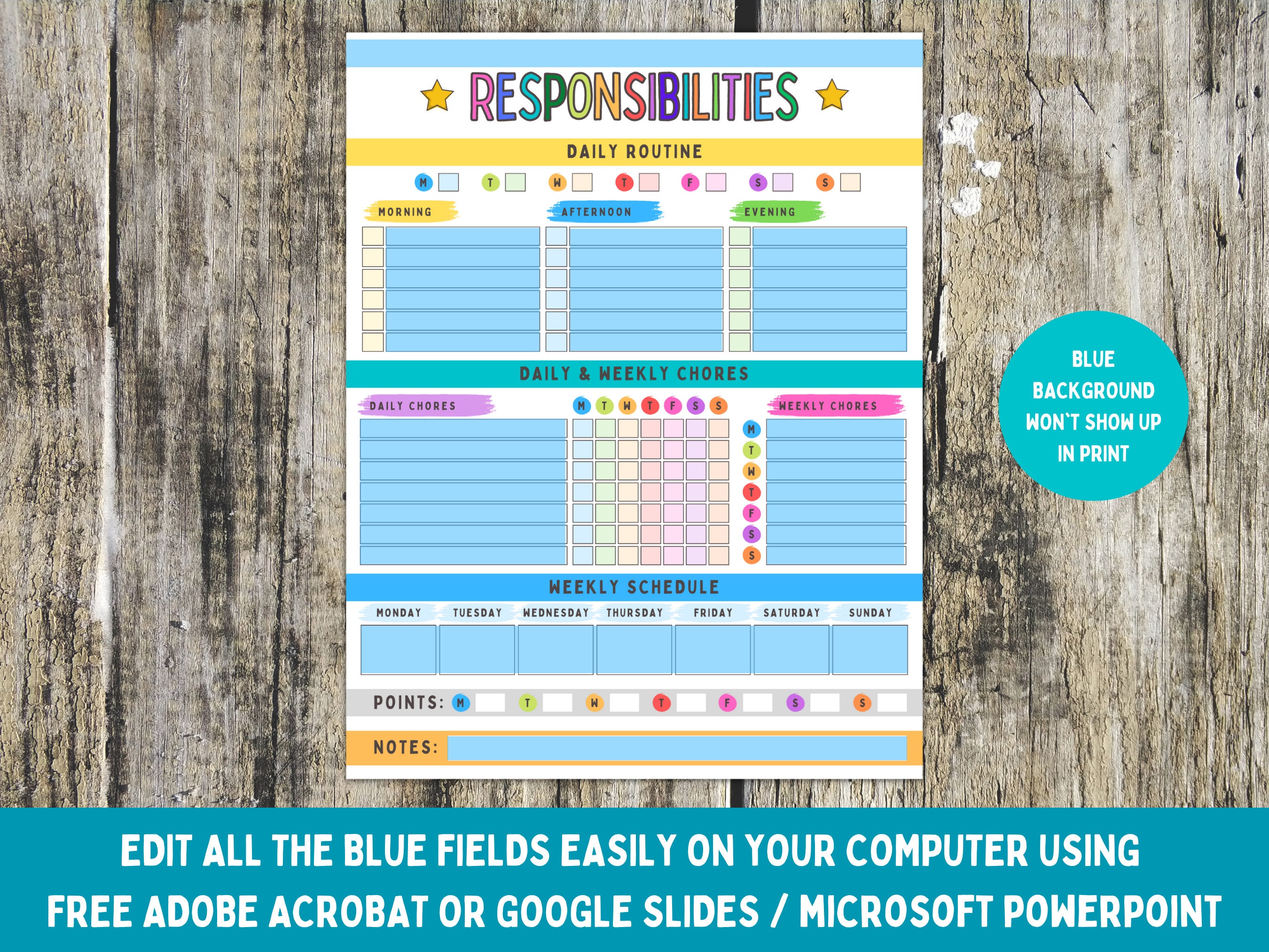 Printable Responsibility Chart, Editable Daily Weekly Chores Chart ...