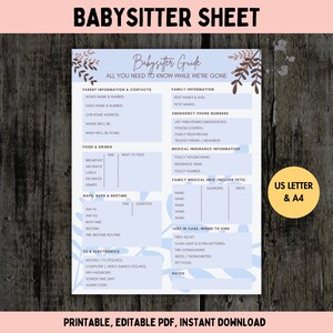Babysitter Sheet, Printable Babysitter Guide, Nanny Information Sheet, Essentials + Emergency Contacts | Editable PDF, A4 & US Letter