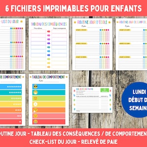 Fichiers imprimables pour enfants: tableau des conséquences, de comportement, check-list du jour, routine jour d'école, PDF PPTX numérique