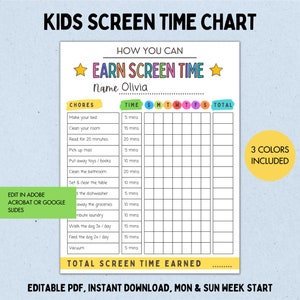 Bildschirmzeit verdienen, druckbare Bildschirmzeit-Checkliste für Kinder, bearbeitbares Bildschirmzeitdiagramm, Bildschirmzeit-Tracker für Teenager, So verdienen Sie Bildschirmzeitdiagramm