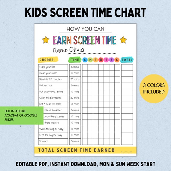 Kids Screen Time Checklist: Editable Chore Chart (PDF, PPTX)