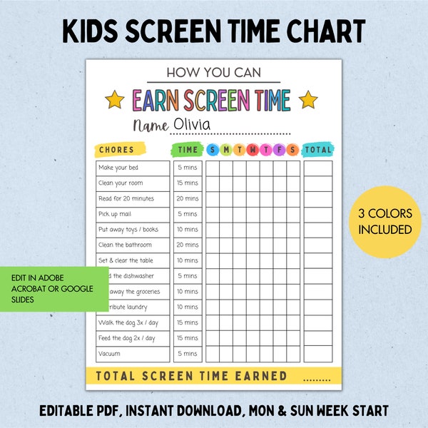 Earn Screen Time, Printable Kids Screen Time Checklist, Editable Screen Time Chart, Teens Screen Time Tracker, How to Earn Screen Time Chart