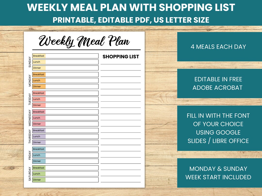 Weekly Meal Planner Printable: Family Menu With Grocery List (editable ...
