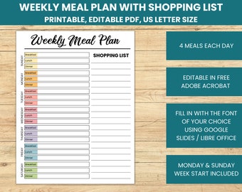 Weekly Meal Planner Printable: Family Menu with Grocery List (Editable PDF)