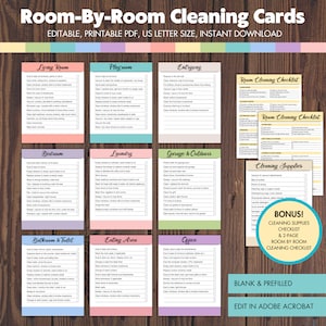 Sjabloon voor schoonmaakkaarten, bewerkbaar schoonmaakschema, afdrukbare schoonmaakplanner, schoonmaakchecklist, systeem voor schoonmaakkaarten, digitale PDF