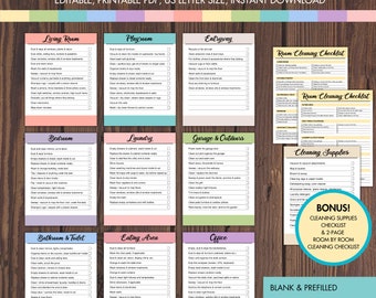 Tarjetas de limpieza imprimibles: Lista de verificación de limpieza de habitaciones editable (PDF digital)