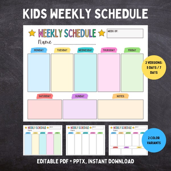 Kids Weekly Planner Printable, Weekly Schedule, Homeschool Planner, Weekly Plan Board, Editable Weekly Calendar, Instant Download, PDF