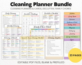 May include: A printable cleaning planner bundle with 23 pages of checklists, charts, and schedules. The pages are color-coded and feature a variety of cleaning tasks, including daily, weekly, and room-specific cleaning. The bundle also includes a decluttering checklist and a family chore chart. The text "EDITABLE PDF FILES, BLANK & PREFILLED" is at the bottom of the image.