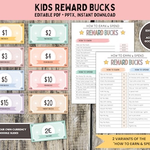 Printable Reward Bucks for Kids, Editable Mom Bucks, Play Money, Pretend Money, Reward System, Chore Bucks, Boho Allowance Bucks Digital PDF