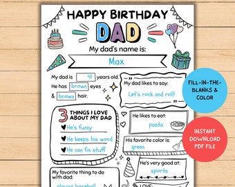 Dad Birthday Gift, Printable Dad Card, Happy Birthday Dad Coloring Page, Father's Birthday Card, All About My Dad, Fill In the Blank, PDF