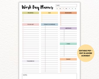Minimalist Work Day Planner, Editable, Printable Daily Planner, Instant Download PDF