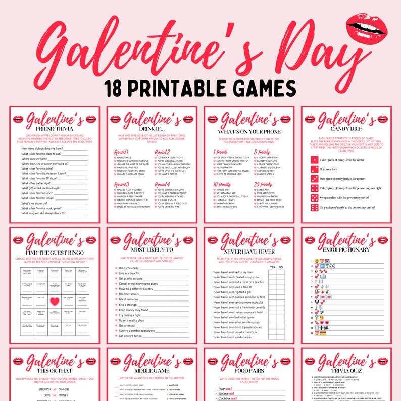 The bundle of printable Galentine's Day Games for adults is perfect to bring entertainment and fun to your Galentine's party or ladies night. Available as an instant download set of PDF files.
