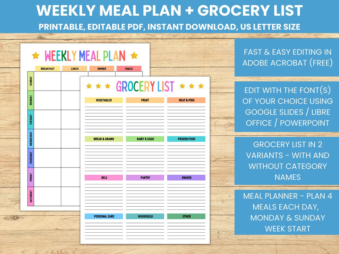 Editable Weekly Meal Planner & Grocery List (digital PDF) - Etsy